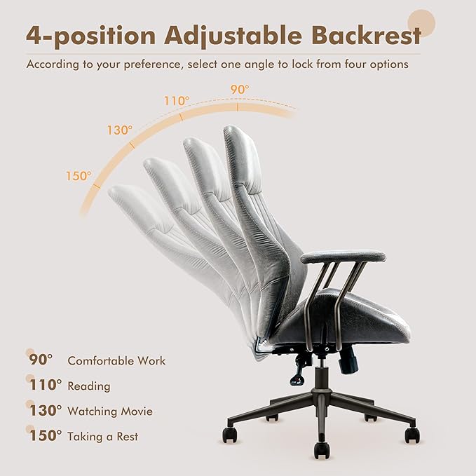 High Back Home Office Chair,Mid Century Modren Ergonomic Executive Chair,Lumbar Support Swivel Task Chair with Wheels,Computer Desk Chair Suede Fabric,350LBS (Gray)