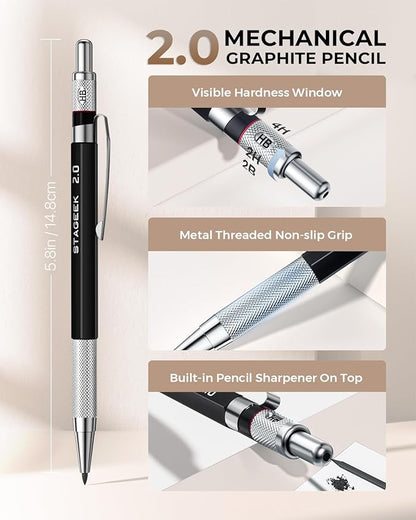 30PCS Mechanical Pencil Set with Leather Bag, Drawing Pencils 0.5, 0.7, 0.9MM & 3PCS 2MM Sketching Pencil with 464PCS Leads (6B 4B 2B HB 2H 4H Color) for Artist Drafting Drawing Writing
