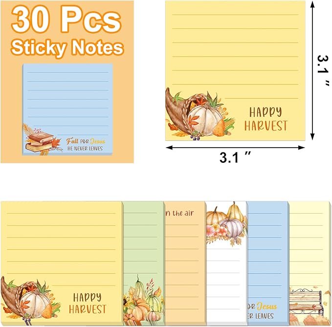 30 Pack Fall Bible Sticky Notes - 600 Sheets Christian Notepads Thanksgiving Sticky Notes Religious Bible Verse Quotes Notepads for Message Reminder Fall Thanksgiving Gifts