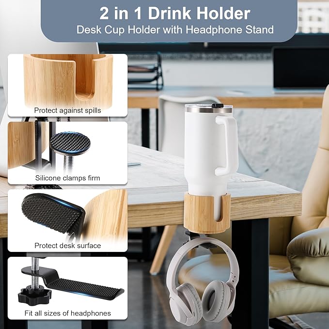 Nnewvante Desk Cup Holder, 2 in 1 360° Rotating Headphone Hanger Under Desk, 360° Anti-Spill Cup Holder, Table Cup Holder for Water Bottles, Gaming Desk Accessories - Bamboo