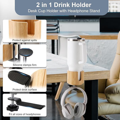 Nnewvante Desk Cup Holder, 2 in 1 360° Rotating Headphone Hanger Under Desk, 360° Anti-Spill Cup Holder, Table Cup Holder for Water Bottles, Gaming Desk Accessories - Bamboo