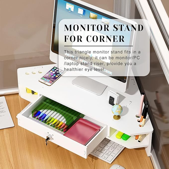 White Corner Monitor Riser with Drawer, Triangle Screen Stand with Lock, Ergonomic Computer Monitor Stand, Triangle Storage Desk Stand