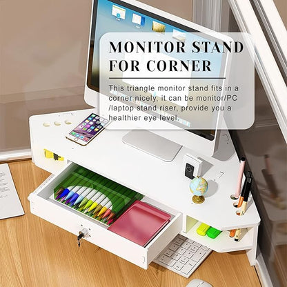 White Corner Monitor Riser with Drawer, Triangle Screen Stand with Lock, Ergonomic Computer Monitor Stand, Triangle Storage Desk Stand