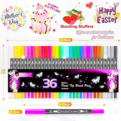 Soucolor Art Brush Markers Pens for Adult Coloring Books, 36 Colors Numbered Dual Tip (Brush and Fine Point) Marker Pen for Kids Note taking Planner Hand Lettering Calligraphy Drawing Journaling