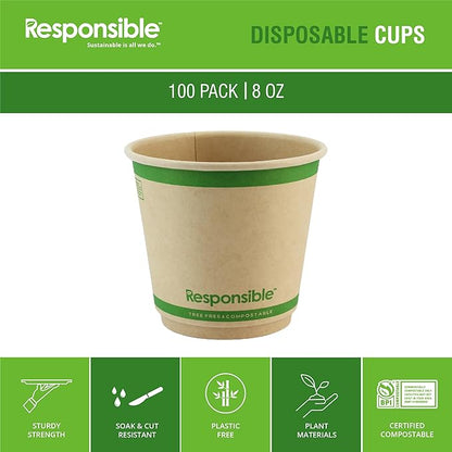 Responsible Products Smooth Insulated Paper Hot Cups (squat), Tree-Less™ Compostable Insulated Coffee Cups, Tree-Free, Made Without PFAS (Natural Brown, 8 oz (100 Count))