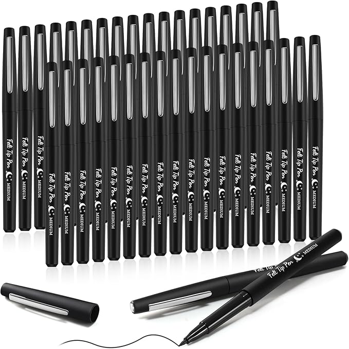 36 Pcs Felt Tip Pens 0.7mm Medium Point Colored Felt Tip Pens for Journaling Planner Writing Note-taking Art Office and School Supplies(Black)
