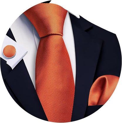 Barry.Wang Tie Sets for Men Silk Solid Necktie Stain Ties Handkerchief Pocket Square Cufflinks Wedding Business Dyed