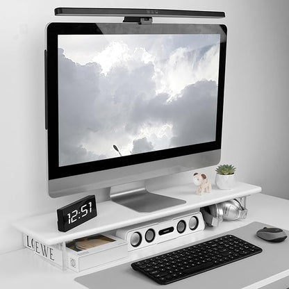 Bamboo Monitor Stand Riser with Acrylic Legs for Desk, 31.5 Inches Desktop Shelf Supports for PC Computer Monitor, Laptops, Printer, Speakers (White)