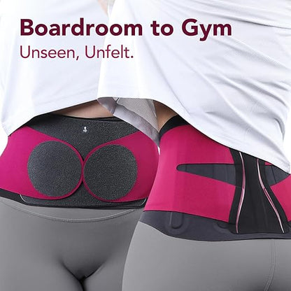 0.5mm Ultra Thin Back Brace for Women Men, Seamless Yoga Fabric for All Day Comfort, Wear under Clothes, Enhanced Lumbar Pad for Lower Back Pain Relief, Sciatica, Posture, Lifting, Rose, Size S