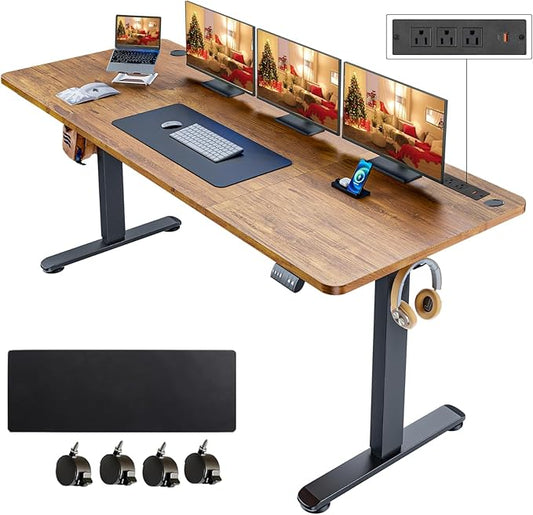 Electric Standing Desk 71 x 27 Inches Adjustable Height Sit Stand Up Desk for Home Office Computer Workstation with 2 USB Ports 3 AC Power Outlets Memory Preset and Wheels,Brown
