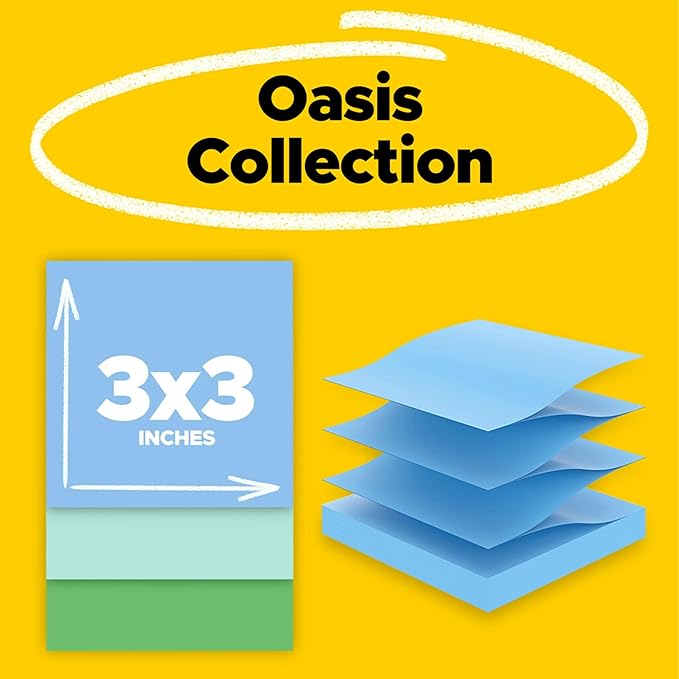 Post-it 100% Recycled Paper Super Sticky Pop-up Notes, 2X The Sticking Power, 3x3 in, 6 Pads, 70 Sheets/Pad, Oasis Collection (R330R-6SST) (Pack of 12)