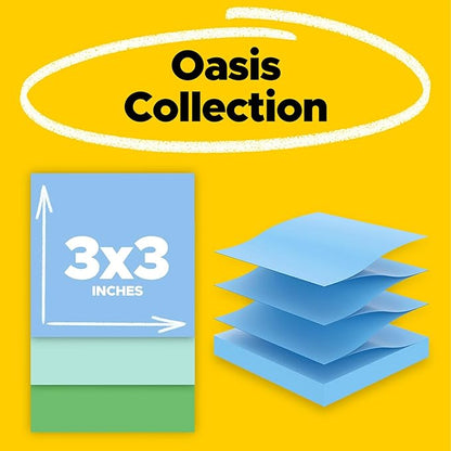 Post-it 100% Recycled Paper Super Sticky Pop-up Notes, 2X The Sticking Power, 3x3 in, 6 Pads, 70 Sheets/Pad, Oasis Collection (R330R-6SST)