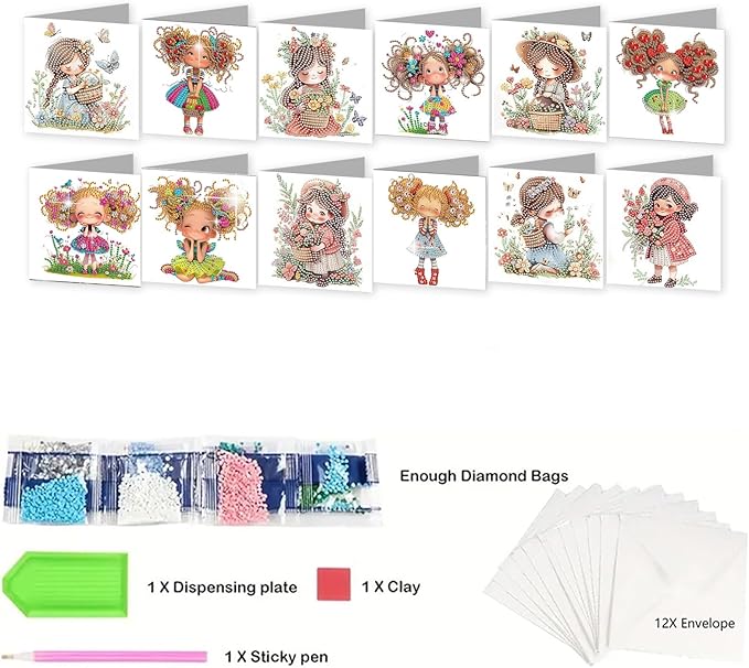jinglinhh 12pcs Diamond Art Painting Little Girl Flower Bushes Greeting Cards with Envelopes, DIY Card Making Kits for Adults, Diamond Art Christmas Cards for Birthday Holiday Postcards Craft Gifts