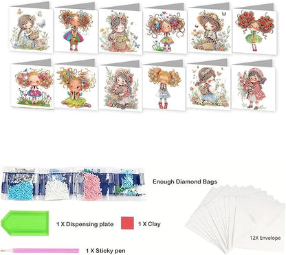 jinglinhh 12pcs Diamond Art Painting Little Girl Flower Bushes Greeting Cards with Envelopes, DIY Card Making Kits for Adults, Diamond Art Christmas Cards for Birthday Holiday Postcards Craft Gifts