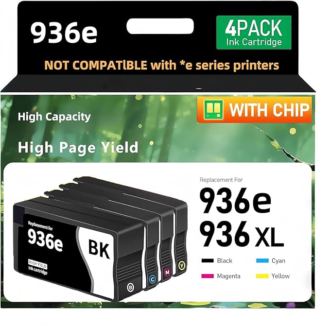 936e 936XL Ink Cartridges Combo Pack with Chip High Yield Replacement for HP 936e 936XL Ink Cartridge Work for OfficeJet Pro 9120e 9125e 9135e 9110b 9130b 9128e 9130b 9122e Wide Format 9730e (4PACK)