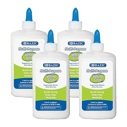 BAZIC Products Jumbo White Glue 7.62 Oz. (225 mL), All Purpose Adhesive Bond Photo DIY Craft Slime Making, for Office School Home Art Projects, 4-Pack