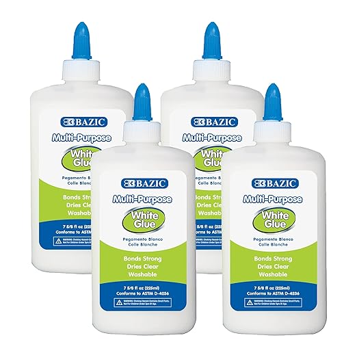 BAZIC Products Jumbo White Glue 7.62 Oz. (225 mL), All Purpose Adhesive Bond Photo DIY Craft Slime Making, for Office School Home Art Projects, 4-Pack
