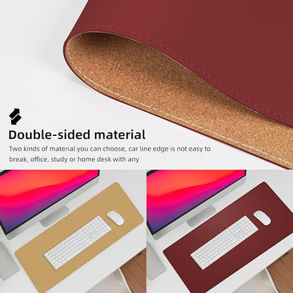 Desk Mat 31.5" x 17" Leather Desk Pad Protector with Natural Cork & PU Leather, Non-Slip Office Desk Mat, Double-Sided Large Mouse Pad, Waterproof Desk Pad for Office&Home (red)