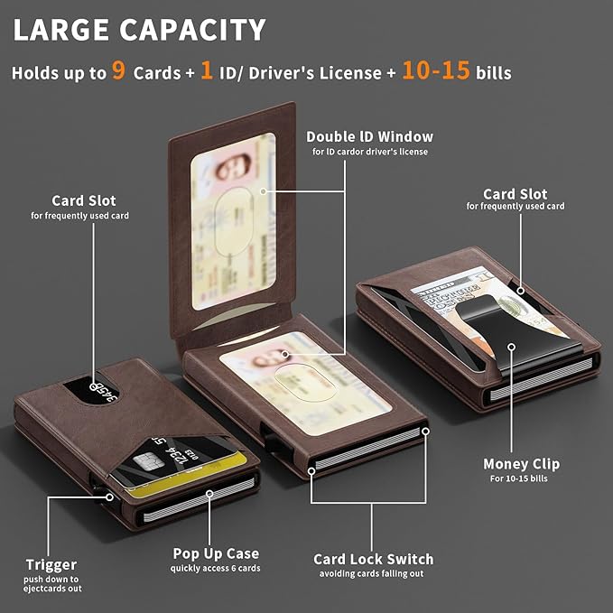 Wallet for Men Slim RFID Blocking-Metal Smart Pop-Up Credit Card Holder with 2 ID Windows, Holds 8-10 Cards,Bifold Minimalist Front Pocket Wallet & Money Clip,Men's accessories (Coffee)