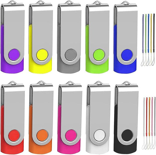 64GB Flash Drive 10 Pack, Wooolken USB 2.0 Thumb Drive Bulk Pen Drive Metal Swivel Memory Stick 64GB 10 Colors Multipack Value Zip USB Drives with Lanyard