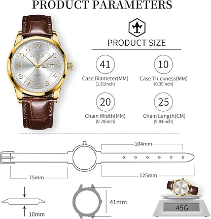 Men's Watch Big Face Easy Read Arabic Numeral Dress Watches for Men Classic Black Brown Leather Band Analog Mens Wrist Watch with Day and Date Fashion Business Waterproof Luminous Quartz Watch
