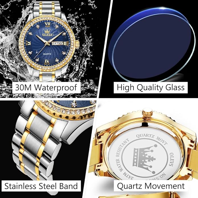 Men's Casual Stainless Steel Watch, Big Face Easy to Read Analog Quartz Watch with Day and Date, Classic Waterproof Diamond Roman Arabic Numerals Dial Dress Watch for Men, Gold Silver Black Band