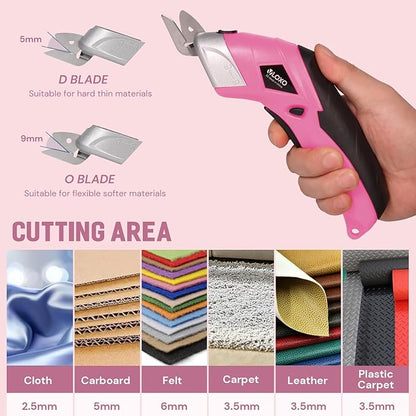VLOXO Cordless Electric Scissors Cardboard Cutter with 2 Type Blades Rechargeable Powerful Shears Cutting Tool for Fabric Electric Box Cutter Leather Felt with Charger & Storage Box-Pink