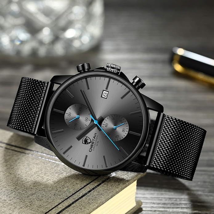 GOLDEN HOUR Mens Watch Fashion Sleek Minimalist Quartz Analog Mesh Stainless Steel Waterproof Chronograph Watches for Men with Auto Date