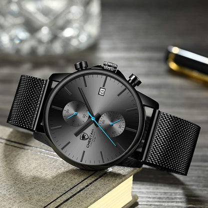 GOLDEN HOUR Mens Watch Fashion Sleek Minimalist Quartz Analog Mesh Stainless Steel Waterproof Chronograph Watches for Men with Auto Date