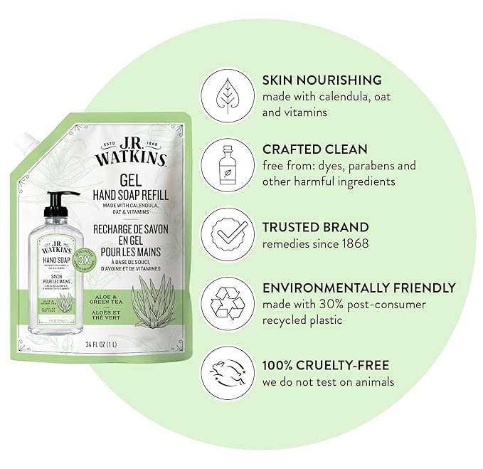 J.R. Watkins Gel Hand Soap Refill, Moisturizing Hand Wash, Formulated with Plant-Based Cleansers, Alcohol-Free, Cruelty-Free, Aloe & Green Tea, 34 Fl Oz, 2 Pack