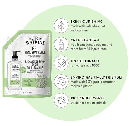 J.R. Watkins Gel Hand Soap Refill, Moisturizing Hand Wash, Formulated with Plant-Based Cleansers, Alcohol-Free, Cruelty-Free, Aloe & Green Tea, 34 Fl Oz, 2 Pack