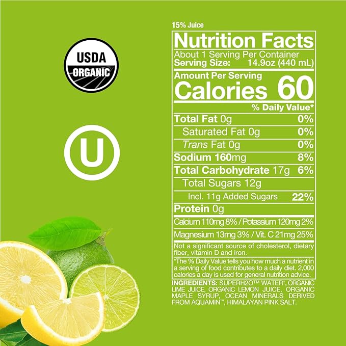 Organic Lemon Lime Electrolytes SuperAde Drink, Effective Hydration, SuperFood Lemonade by Sol-ti, Cold-Pressed Juice Blend, 16 Pack (14.9 Fl oz)