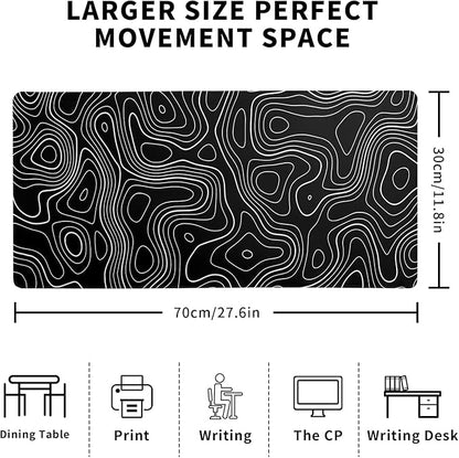 Topographic Contour Gaming Mouse Pad Black Large Mouse Pad for Keyboard and Mousepad Desk Mat with 3mm Non-Slip Base and Stitched Edge for Gaming and Office Computer Mat Protector Mat 27.6x11.8 Inch