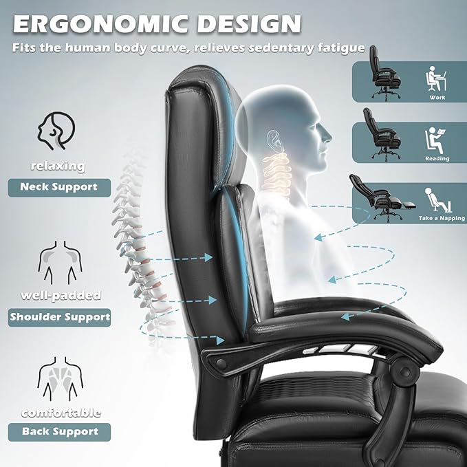 Big and Tall Office Chair with Foot Rest 400lbs, Heavy Duty Executive Leather Office Chair for Heavy People, Comfy High Back Ergonomic Office Desk Chair with Footrest and Lumbar Support, Black