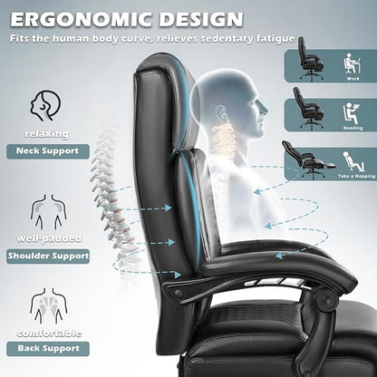 Big and Tall Office Chair with Foot Rest 400lbs, Heavy Duty Executive Leather Office Chair for Heavy People, Comfy High Back Ergonomic Office Desk Chair with Footrest and Lumbar Support, Black