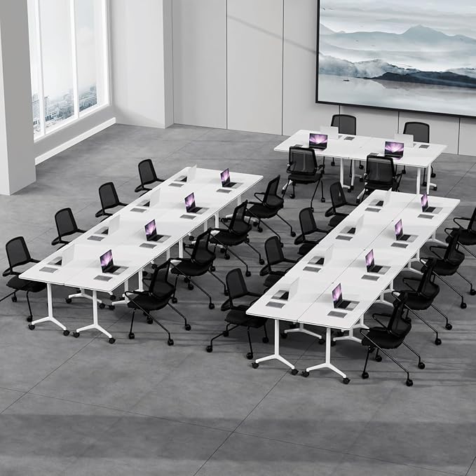 Conference Table, Folding Conference Room Tables, Modern Flip Top Seminar Training Meeting Table with Wheels, Modular Foldable Conference Tables for Home Office Classr (White 2 Pack, 47.2inch)