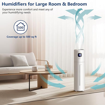 Large Humidifiers for Bedroom, 9L/2.5Gal Ultrasonic Cool Mist, Easy Clean with 350ML/H Large Mist Speed, Quiet Tower, Suitable for Kids Room Plant Yoga (White)
