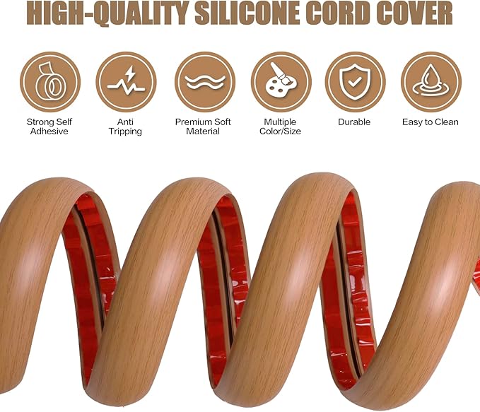 Floor Cord Cover Cavity 0.8"x0.37" Self Adhesive Cord Hider, 10FT Low Profile Cable Management, Extension Strip Protector for Wires, Prevent Cable Trips for Offices, Gyms, Exhibitions (Brown Wood)
