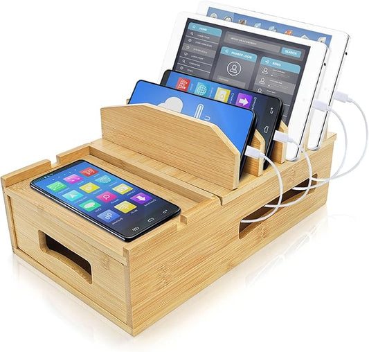 ZOOFOX Bamboo Charging Station for Multiple Devices, Desk Docking Station with Removable Divider Slots and Drawer, Bedside Charging Station Compatible with Smartphone, Tablet, Laptop, Earphone