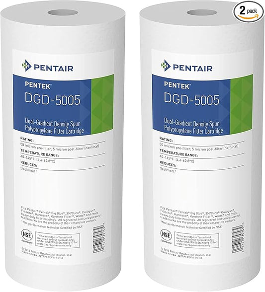Pentair Pentek DGD-5005 Big Blue Water Filter, 10-Inch Whole House Sediment Filter Cartridge Replacement, Dual-Gradient Density Spun Polypropylene, 10" x 4.5", 5 Micron, Pack of 2