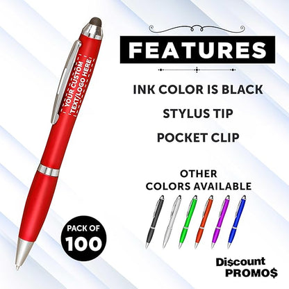 DISCOUNT PROMOS Custom Plastic Stylus Pens Set of 100, Personalized Bulk Pack - Black Ink, Great for Office, School, Business, Tradeshows, Events - Red