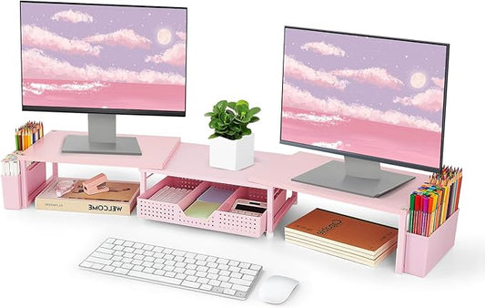 OPNICE Desk Dual Monitor Stand Riser - Wood Desk Organizer with Drawer and Pen Holders, Office Desk Accessories & Workspace Organization, Computer Monitor Stand for Laptop Printer, Girl Pink