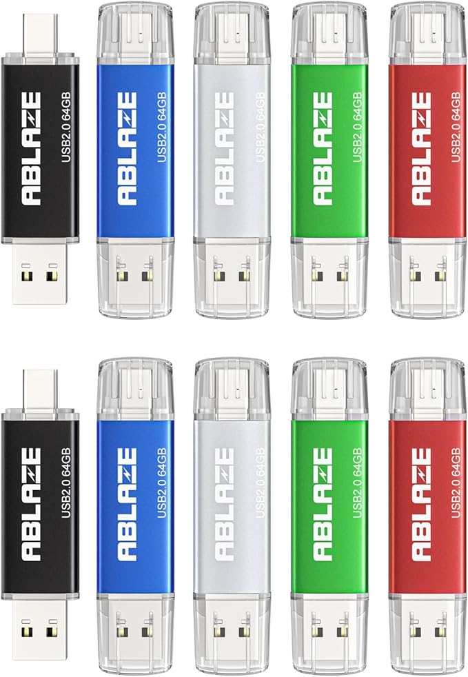 ABLAZE 64GB Type C Flash Drive 10 Pack, Dual USB 2.0+USB C Memory Stick Thumb Drive Compatible with iPhone 17/16/15, Android Smartphone, Computers,Tablets, Mac,iPad,PC