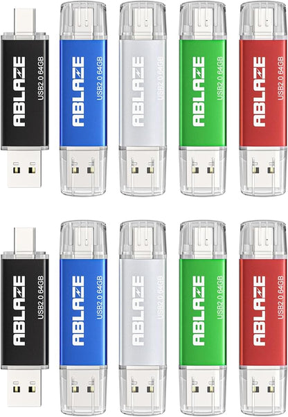 ABLAZE 64GB Type C Flash Drive 10 Pack, Dual USB 2.0+USB C Memory Stick Thumb Drive Compatible with iPhone 17/16/15, Android Smartphone, Computers,Tablets, Mac,iPad,PC