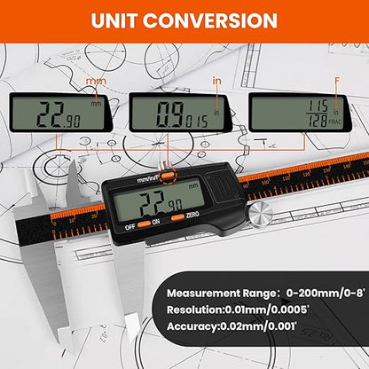 HARDELL Digital Caliper, 0-8 Inch Measuring Tool Large LCD Screen,Stainless Steel,Auto-Off,Inch/Fractions/Millimeter Waterproof Caliper Digital Micrometer for DIY/Household/3D Printing