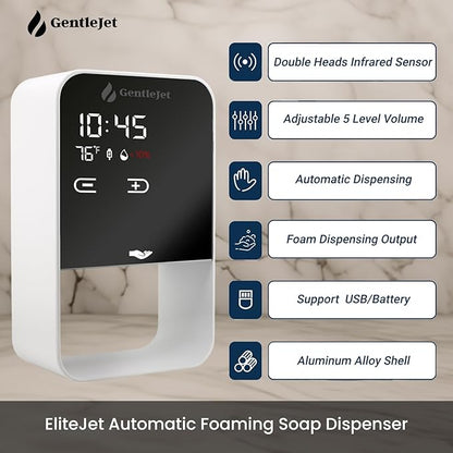 EliteJet Automatic Foaming Soap Dispenser Touchless - Wall Mount & Countertop, Aluminum Alloy Body, Automatic Soap Dispenser Touchless with Dual Power (USB/Battery), LED Display
