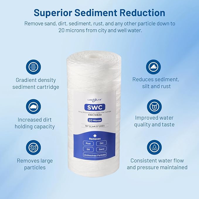 20 Micron 10" x 4.5" Whole House String Wound Sediment Well Water Filter Cartridge Replacement for CW25-BBS, SWC-45-1020, WP25BB97P, RS24, SP-WP25-BB, WH-HD200-C (Pack of 3)