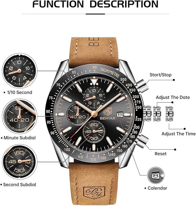 BY BENYAR Watch for Men Analog Quartz Chronograph Waterproof Luminous Designer Mens Wrist Watches Business Work Sport Casual Dress Watch with Silicone Strap Elegant Gifts for Men
