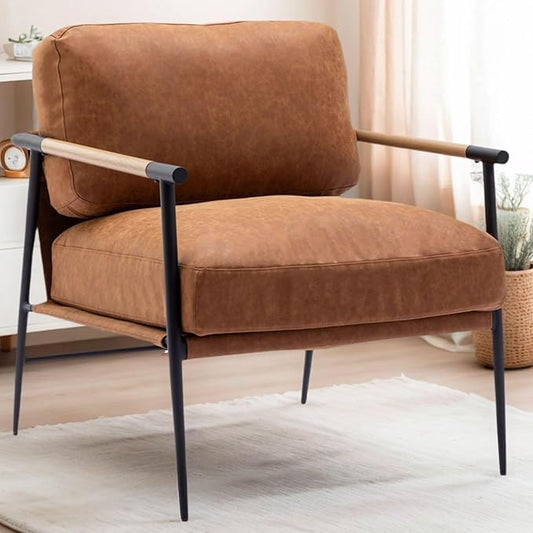 LukeAlon Mid-Century PU Leather Accent Chair, Ultra Soft Living Room Chair with Metal Legs Modern Armchair Upholstered Comfy Leisure Chair for Bedroom Reception Area Reading Room, Brown
