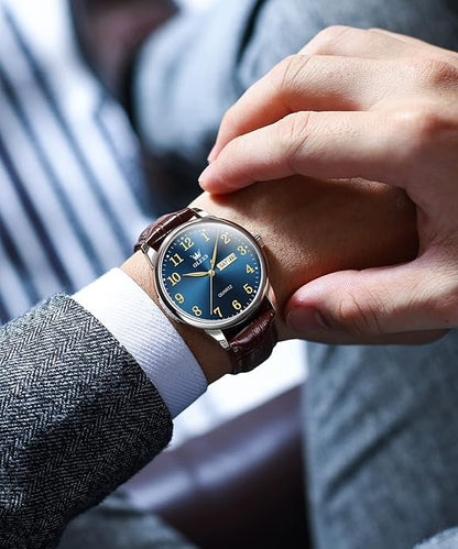 OLEVS Mens Watches Vintage Leather Band Dress Classic Easy Reader Arabic Numerals Analog Quartz Waterproof Date and Day Blue/Black/White Large Face Men's Wrist Watches
